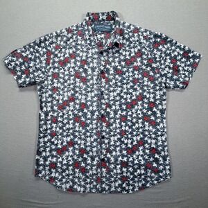 Straight Faded Button Down Mens L Good Navy Red White Floral Starburst Cotton